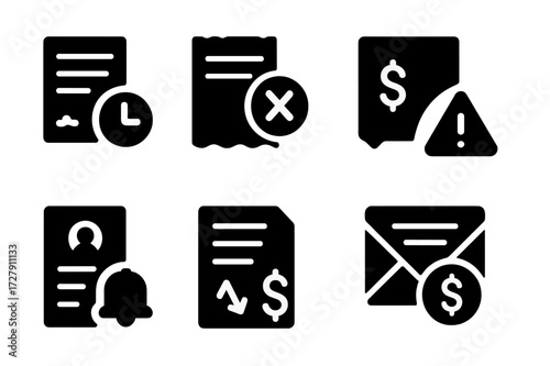 Unpaid Concepts Icons. Solid, filled icon set of unpaid concepts: overdue invoice, unpaid bill, late payment, debt notice, warning letter, unpaid wages,