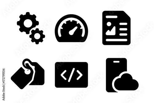 SEO Icon Set. Solid, filled icon set of SEO optimization: gears, speedometer, content, sitemap, tags, meta description, mobile, cloud. [Line icons in only