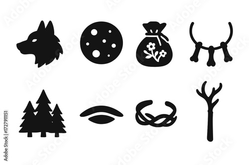 Feminine Wilderness Icons. Solid, filled icon set of feminine wilderness: wolf companion, full moon, herbal satchel, bone necklace, forest silhouette, eye