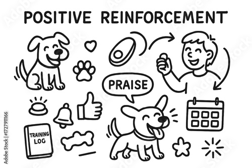 Positive Dog Training. Hand-drawn doodle illustration Positive Reinforcement dog smiling, treat reward, paw sticker, thumbs up, heart, clicker, happy trainer,