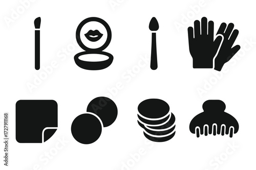 Lip Care Icon Set. Solid, filled icon set of lip care accessories: lip brush, compact mirror, lip applicator, gloves, facial cloth, cotton pads, headband, hair