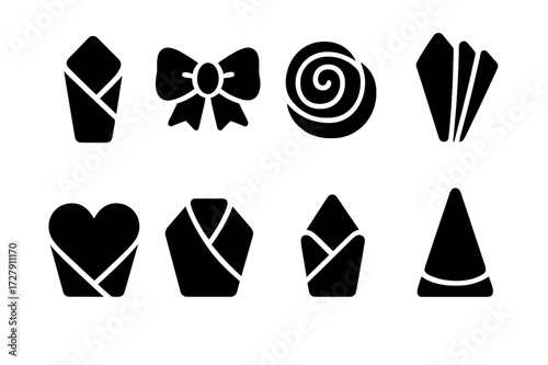 Napkin Fold Icons. Solid, filled icon set of event-specific napkin folds: wedding wrap, birthday bow, corporate fold, gala rose, brunch fan, romantic heart,