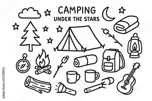 Camping Doodle Icons. Hand-drawn doodle illustration Camping under the stars [tent, campfire, marshmallow stick, lantern, star, moon, sleeping bag, backpack,