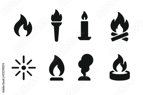 Fire Purification Icons. Solid, filled icon set of fire purification: flame, torch, candle, bonfire, spark, ember, smoke, fire pit. [Line icons in only black