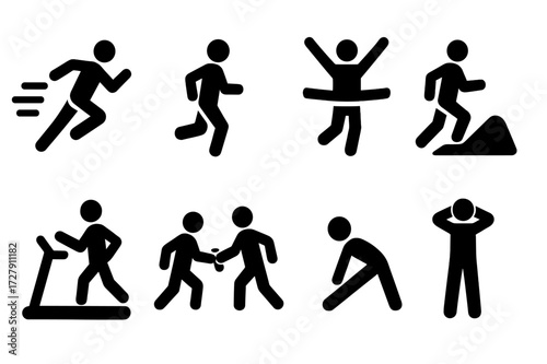 Running Icons Set. Solid, filled icon set of running activities: sprinting, jogging, marathon, trail running, treadmill, relay race, warm-up stretches,