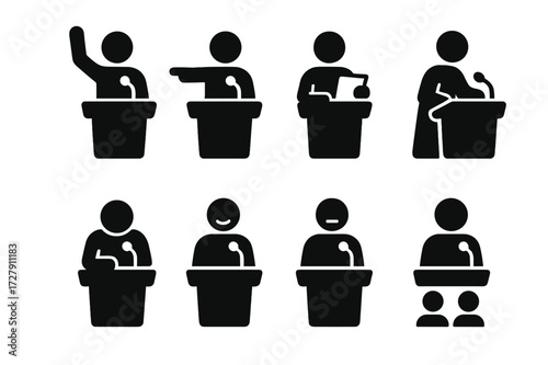 Speaker Icon Set. Solid, filled icon set of speaker actions at podium: raising hand, pointing, holding paper, using remote, leaning forward, smiling, serious