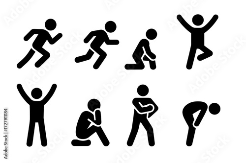 Running Icons Set. Solid, filled icon set of running postures: running pose, sprinting pose, stretching pose, jumping pose, finishing pose, resting pose,