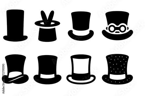 Famous Top Hats. Solid, filled icon set of famous top hats: Abraham Lincoln hat, magician?s hat, Victorian gentleman?s hat, steampunk hat, cartoon top hat,