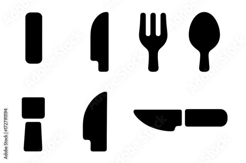 Cutlery Icons Grid. Solid, filled icon set of cutlery parts: handle, blade, tine, bowl, ferrule, tip, edge, joint. Solid, filled icons in only black color. All