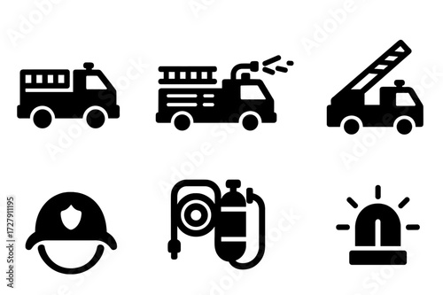 Firefighting Icon Set. Solid, filled icon set of fire fighting vehicles and equipment: fire truck, fire engine, water cannon, rescue ladder, firefighter