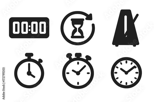 Timing Devices Icons. Solid, filled icon set of pacing and timing devices: digital timer, countdown clock, hourglass, metronome, lap timer, stopwatch with