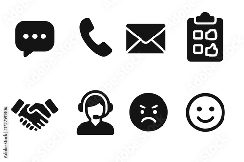 Customer Interaction Icons. Solid, filled icon set of customer interactions: chat bubble, phone call, email, feedback form, handshake, support agent,