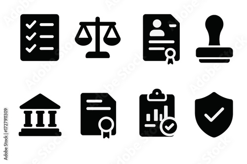Mutual Fund Compliance Icons. Solid, filled icon set of mutual fund compliance: checklist, legal scales, contract, approval stamp, regulatory building,