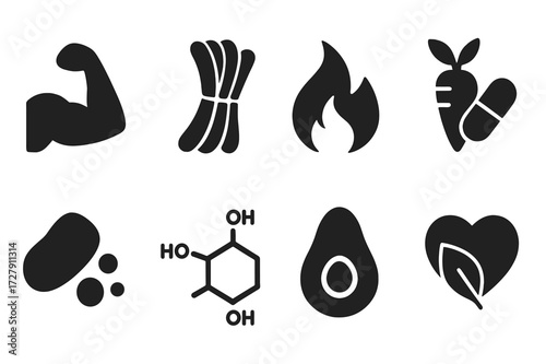 Rice and Beans Icons. Solid, filled icon set of rice and beans nutrition: protein, fiber, calories, vitamins, minerals, carbohydrates, healthy fats,