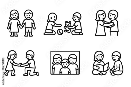 Sibling Interaction Icons. Outline icon set of siblings interactions: holding hands, playing together, sharing toys, sibling hug, helping each other, sibling