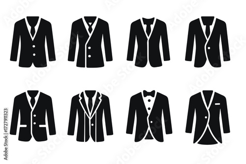 Business Suit Icons. Solid, filled icon set of business suit styles: single-breasted, double-breasted, slim fit, classic fit, three-piece, pinstripe, tuxedo,