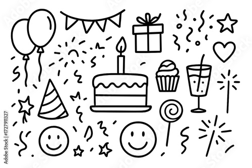 Birthday Party Doodles. Hand-drawn doodle illustration Birthday party [cake, candle, balloons, confetti, gift box, party hat, star, heart, drink glass, banner,