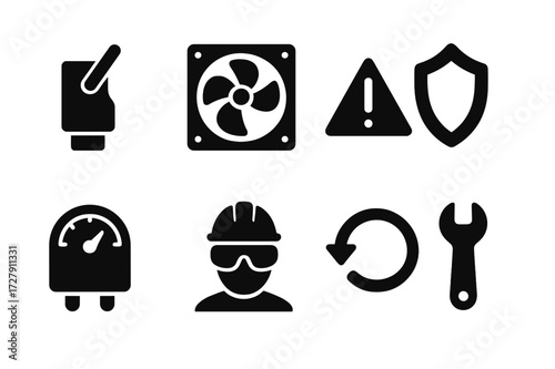 Overload Prevention Icons. Solid, filled icon set of overload prevention: circuit breaker switch, cooling fan, warning label, safety shield, overload sensor,