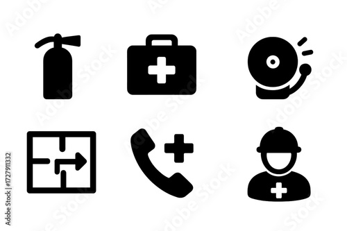 Emergency Icons Grid. Solid, filled icon set of emergency response: fire extinguisher, first aid kit, emergency exit, alarm bell, evacuation plan, emergency