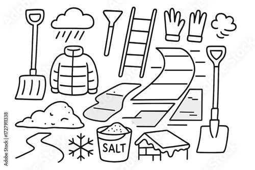 Winter Chores Icons. Hand-drawn doodle illustration outdoor winter chores snow shovel, ice scraper, ladder, gloves, snow pile, sleet cloud, jacket, path,
