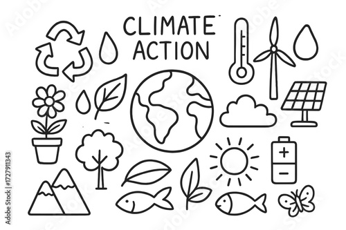 Climate Action Doodle. Hand-drawn doodle illustration climate action for sustainability earth, thermometer, recycling symbol, water droplet, leaf, wind