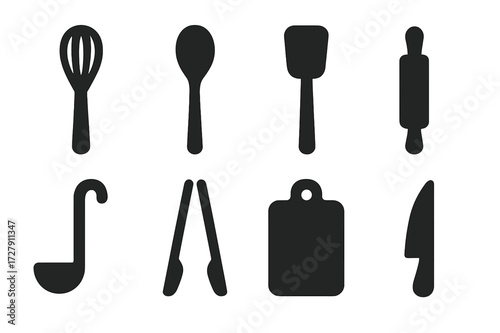 Kitchen Utensils Icons. Solid, filled icon set of kitchen utensils: oak whisk, wooden spoon, spatula, rolling pin, ladle, tongs, cutting board, knife. [Line
