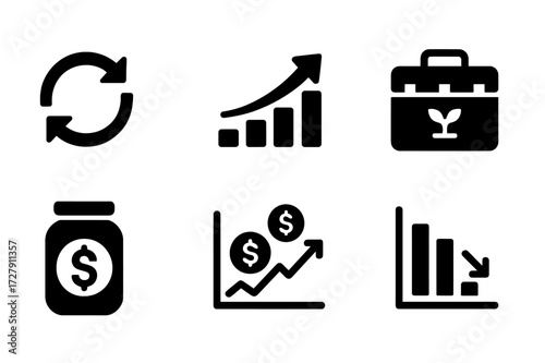 Dividend Reinvestment Icons. Solid, filled icon set of dividend reinvestment plan (DRIP): circular arrows, investment growth, portfolio expansion, reinvest