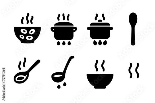 Soup Cooking Icons. Solid, filled icon set of soup cooking stages: soaking beans, boiling pot, simmering stove, stirring spoon, tasting spoon, ladling soup,