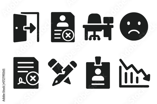 Downsizing Icon Set. Solid, filled icon set of employee downsizing: exit door, pink slip, empty office, sad face, canceled contract, broken pencil, lost badge,