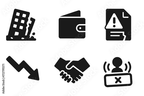 Company Collapse Icons. Solid, filled icon set of company collapse: crumbling building, empty wallet, warning sign, contract termination, downward arrow,