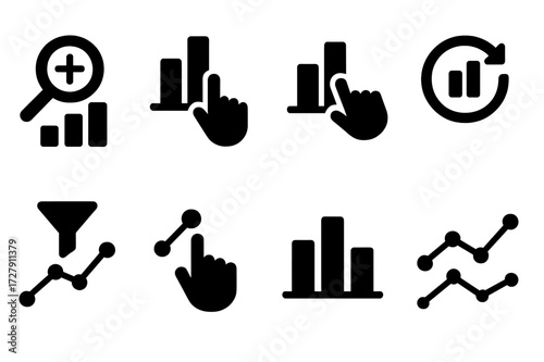 Graph Interaction Icons. Solid, filled icon set of graph interactions: zoom in, zoom out, drag cursor, reset view, filter data, select point, highlight bar,
