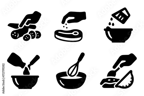 Food Preparation Icons. Solid, filled icon set of food preparation: slicing vegetables, seasoning meat, rolling dough, measuring ingredients, pouring oil,
