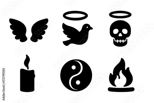 Spiritual Icons Set. Solid, filled icon set of spiritual omens: angel wings, halo, dove, haloed skull, candle with smoke, yin yang, ancient book, sacred flame.