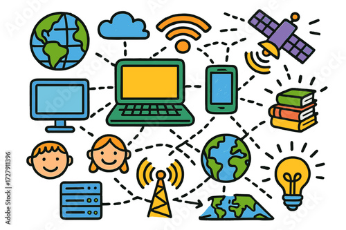 Technology Doodle Art. Bridging technology. Colorful Hand-drawn doodle Children illustration Laptop, smartphone, globe, Wi-Fi signal, cloud, server, satellite,