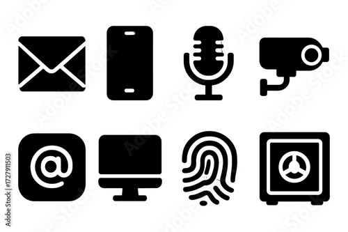 Blackmail Tools Icons. Solid, filled icon set of blackmail tools: envelope, smartphone, microphone, hidden camera, email, computer, fingerprint, safe. Solid,