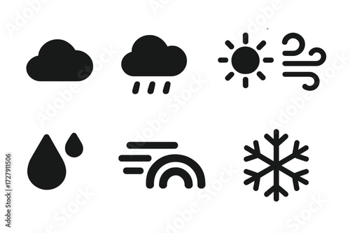 Gentle Weather Icons. Solid, filled icon set of gentle weather: calm cloud, soft rain, mild sun, light breeze, morning dew, fog, rainbow, snowflake. Solid,
