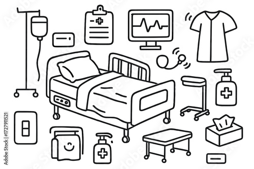 Hospital Essentials Doodle. Hand-drawn doodle illustration [hospital bed] [adjustable bed, control panel, side rail, IV stand, pillow, blanket, patient chart,