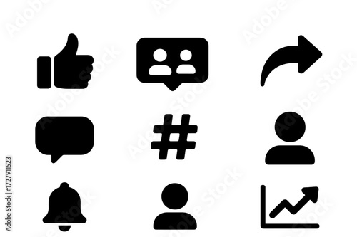 Social Media Icons. Solid, filled icon set of social media influence: like button, follower count, share arrow, comment bubble, hashtag, profile picture,
