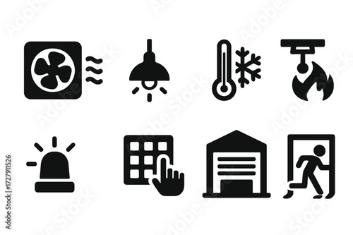 Storage Unit Icons. Solid, filled icon set of storage unit features: ventilation, lighting, climate control, fire sprinkler, security alarm, access keypad,