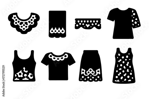 Lace Detail Icons. Solid, filled icon set of lace clothing details: lace collar, lace cuff, lace trim, lace sleeve, lace inset, lace neckline, lace hem, lace