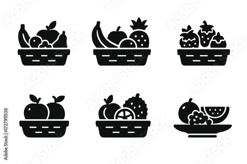 Fruit Basket Icons. Solid, filled icon set of fruit baskets: mixed fruits basket, tropical fruits basket, berries basket, citrus fruits basket, stone fruits