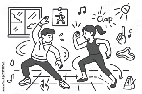 Dynamic Dance Duo. Hand-drawn doodle illustration [Modern dance duo practice] [two dancers, dynamic movement lines, floor grid, posture cue card, studio