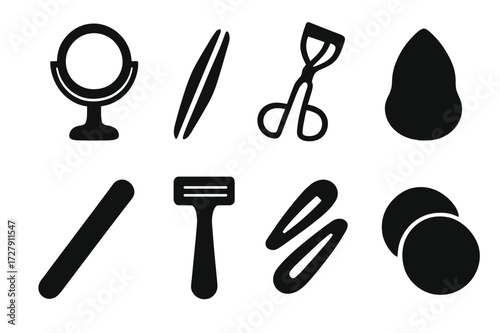 Beauty Tools Icons. Solid, filled icon set of cosmetics color palettes: nude shades, bright colors, pastel tones, metallics, smoky eyes, natural look, bold