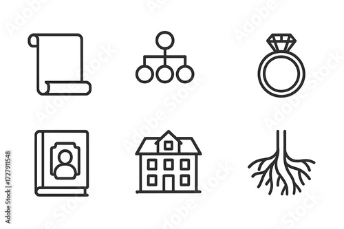 Family Lineage Icons. Outline icon set of family lineage: scroll, family tree, crown, ring, book, photo frame, old house, roots. Line icons in only black