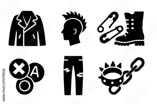Punk Fashion Icons. Solid, filled icon set of punk fashion: leather jacket, mohawk hairstyle, safety pins, studded boots, band patches, ripped jeans, spiked