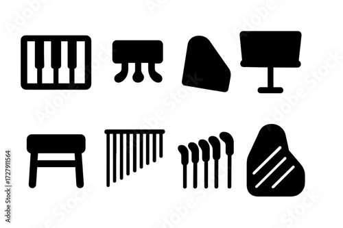Piano Parts Icons. Solid, filled icon set of piano parts: keyboard, pedal, lid, music stand, bench, strings, hammers, soundboard. Solid, filled icons in only