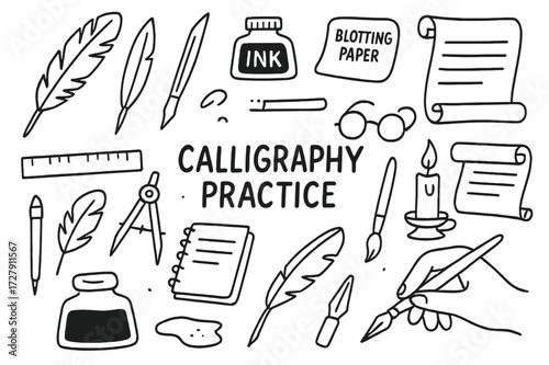 Calligraphy Tools Doodle. Internet for all. Colorful isometric vector icons set of Internet for all: globe, Wi-Fi tower, satellite, urban skyline, rural home,