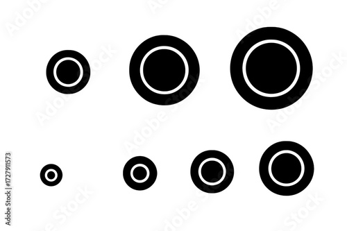 Dish Size Icons Grid. Solid, filled icon set of dish sizes: small dish, medium dish, large dish, mini dish, dinner dish, dessert dish, side dish, snack dish.