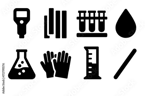 Acid Testing Icons. Solid, filled icon set of acid testing tools: pH meter, litmus paper, test tube rack, droplet, reaction vial, protective gloves, measuring