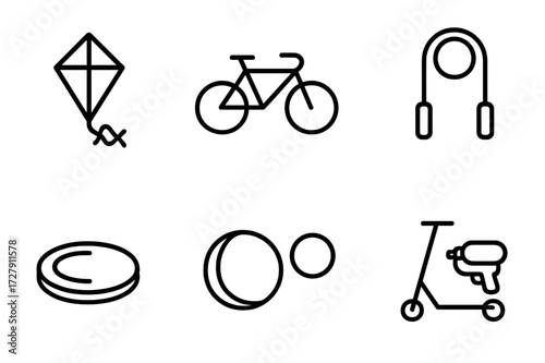 Outdoor Toy Icons. Outline icon set of outdoor toys: kite, bicycle, skateboard, jump rope, frisbee, ball, scooter, water gun. Line icons in only black color,